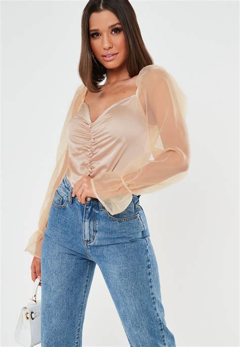 Nude Satin Ruched Organza Sleeve Bodysuit Missguided