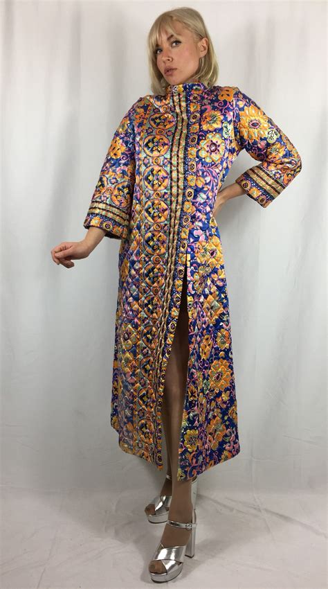 Vintage Psychedelic 1960 S Satin Quilted House Robe Kaften Blue And Orange House Dress