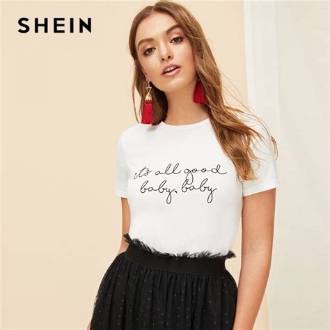 Shein White Slogan Letter Print Solid Slim Fitted Tee Short Sleeve Round Neck T Shirt Women