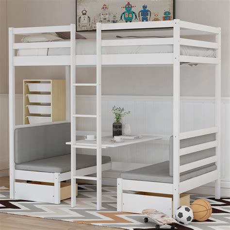 Euroco Solid Wood Convertible Twin Bunk Bed With Desk And 2 Drawers