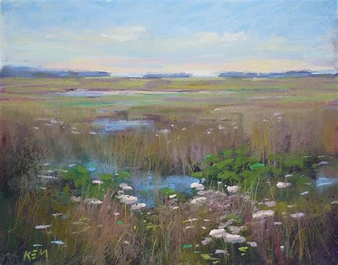 Summer Wetlands With Wildflowers Art Original Pastel Painting 8x10 By