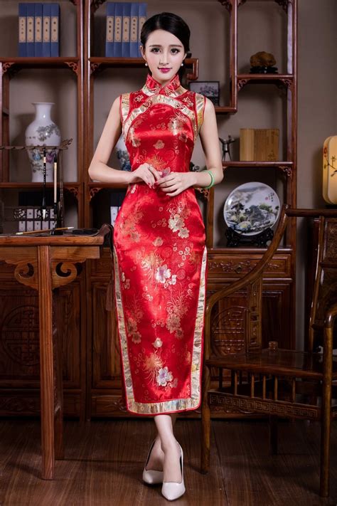 Shanghai Story Vintage Chinese Women S Satin Polyester Long Cheongsam Qipao Dress Sleeveless