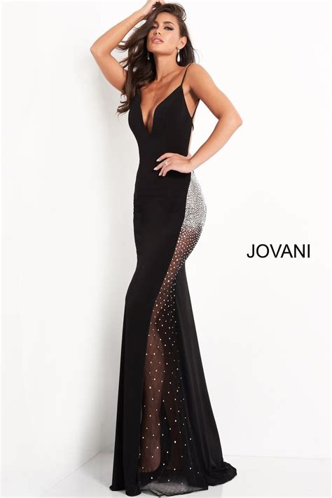 jovani 06566 long fitted v neck formal dress sheer crystal rhinestone side prom dresses jovani