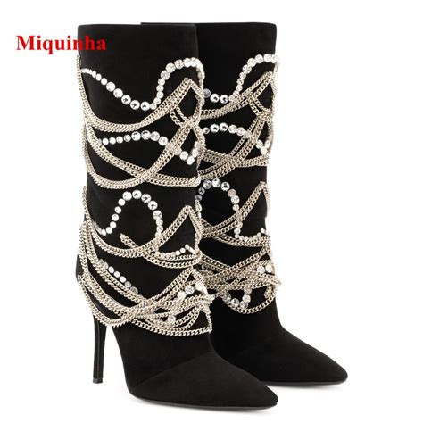 2018 Winter Pointed Toe Boots Women Chain Metal Decoration Crystal Mid