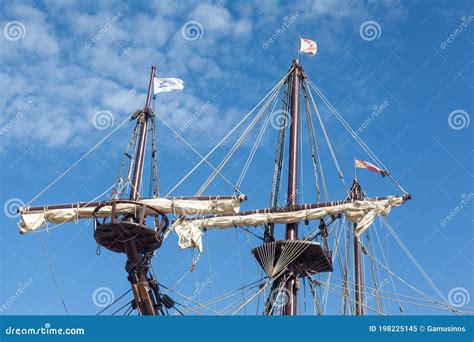 Ship Wooden Mast And Rigging On An Old Galleon Navy Vessel Editorial