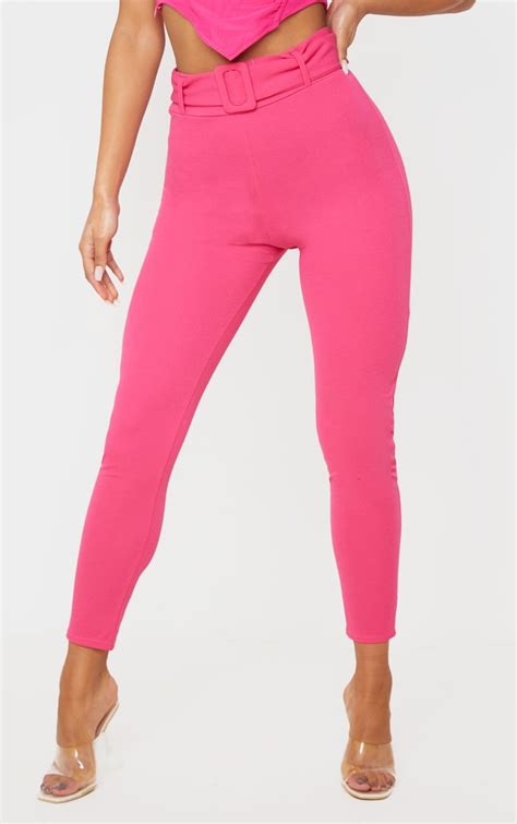 hot pink belted skinny pants prettylittlething uae