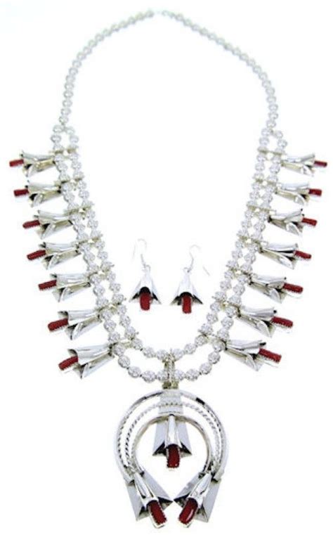 Squash Blossom Navajo Native American Silver Coral Necklace Earring Set