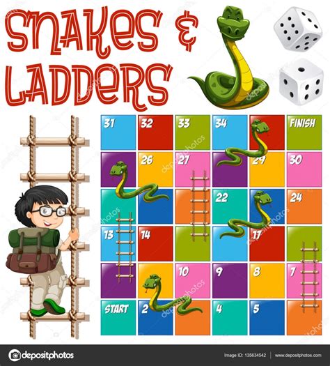 Continua jugando serpientes y escaleras tomando turnos. Bordspel sjabloon met ladders en slangen — Stockvector ...