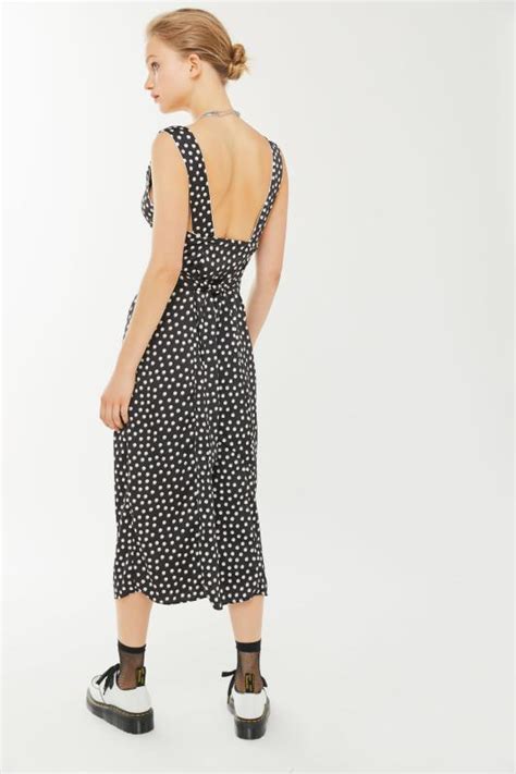 Uo Delaney Polka Dot Plunging Midi Dress Urban Outfitters Singapore