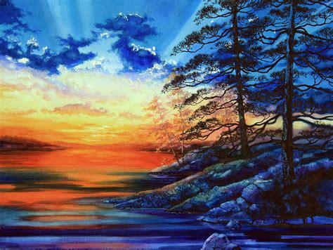 Glorious Lake Sunset Painting By Hanne Lore Koehler Pixels