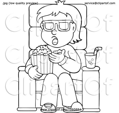 Clipart Of A Lineart Man Or Boy Eating Popcorn At The Movies Royalty