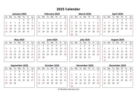 Download Editable Yearly Calendar 2025 Sunday Start