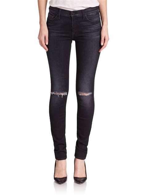 Lyst For All Mankind Distressed Skinny Jeans In Black