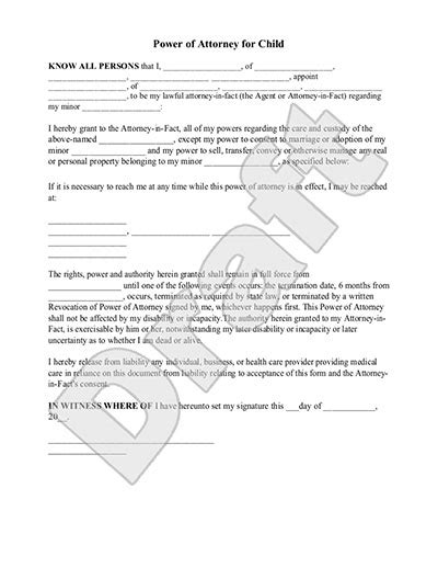 A letter of authorization is a letter in which a person gives the authority to another person to act on his behalf. Power Of Attorney Form For Child - Free Printable Documents