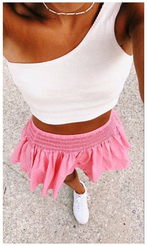 fits flowy pink skirt flowypinkskirt one shoulder top and flowy pink skirt preppy summer