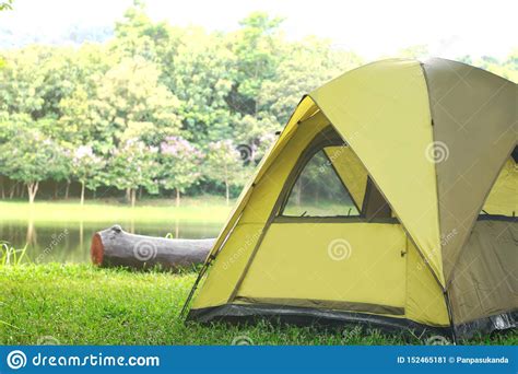 Camping Green Tent In Forest Near Lake Stock Image Image Of Sunlight