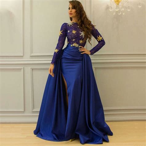 Long Sleeve Mermaid Lace Royal Blue Arabic Evening Gowns Robe De Soiree