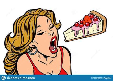 Woman Eating Cake Sweet Dessert Stock Vector Illustration Of Human Gluttony