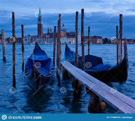 Blue Hour In Venice San Giorgio Maggiore Island And Gondolas Stock