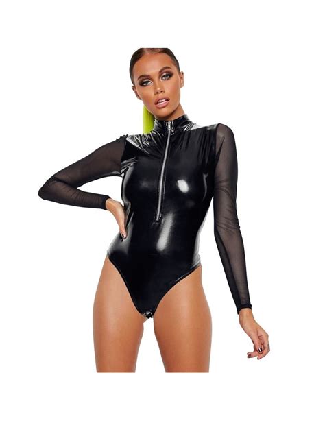 Sexy Women Pu Leather Bodysuit Sheer Mesh Splice Long Sleeve Bodysuit