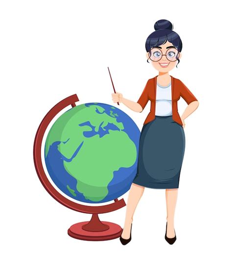 premium vector happy techer day cute female teacher cartoon character standing with big globe