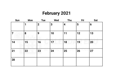February 2021 Calendar Printable Blank 2021 Month Template