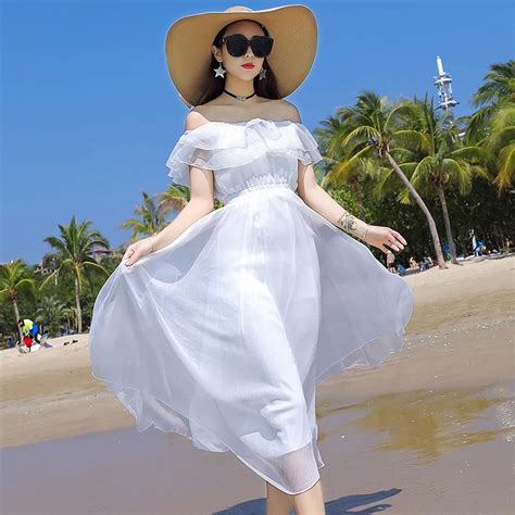 Woman Sexy Chiffon Beach Dress Tafforda 2018 Summer New Fashion White Slash Neck Seaside