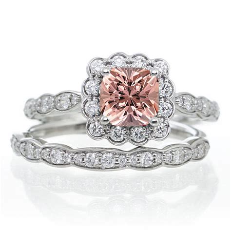 2 Carat Princess Cut Morganite And Diamond Wedding Ring Set On 10k