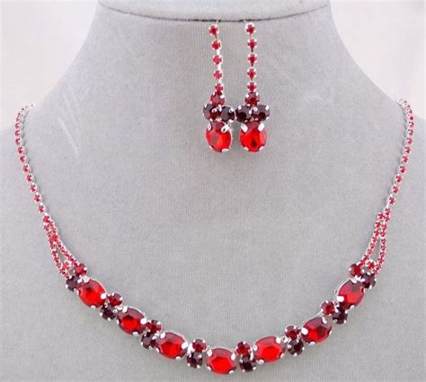 Red Rhinestone Necklace Earrings Set Silver Fashion Jewelry New Nice