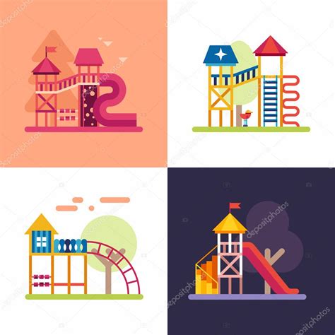 Playground For Kids Set Of Four Colored Flat Vector Illustrations