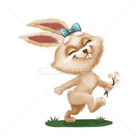 Happy Cute Furry Bunny With Flower Cartoon Animal