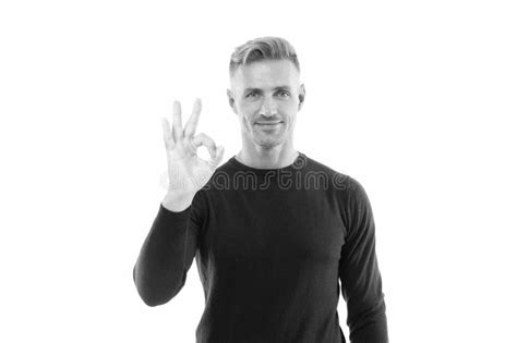 Happy Caucasian Handsome Guy In Black Sweatshirt Show Okay Ring Gesture Isolated On White Ok