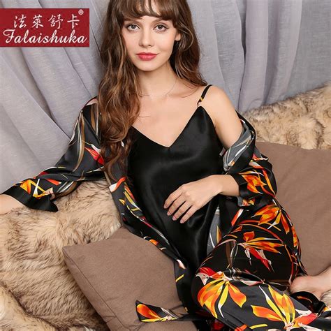 Real Silk Pajamas Female Three Piece Spring Autumn 100 Silkworm Silk Sleepwear Woman Long
