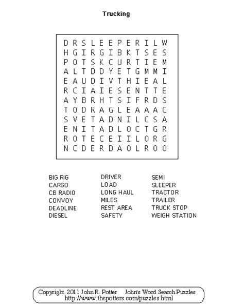 Johns Word Search Puzzles Kids Trucking