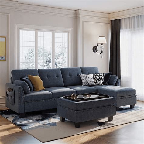 Honbay Convertible Sectional Sofa Set 4 Seat Couch With Tray Storage