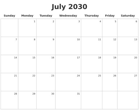 July 2030 Make A Calendar