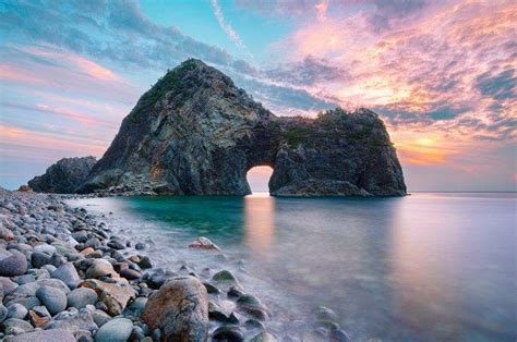 Rock Gates Sunset Beach Sea Clouds Japan Coast Nature