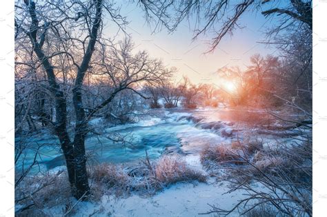 Winter Landscape With Snowy Trees Ice Beautiful Frozen