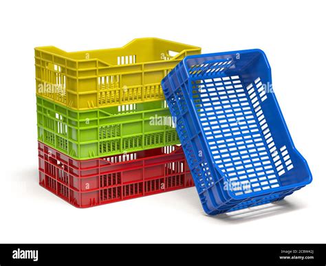 Stack Of Empty Plastic Crate Or Box For Fruits And Vegetables Isolated