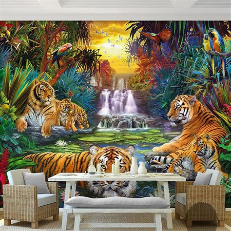 Custom Photo Wall Paper Original Forest Waterfall Tigers