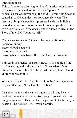 The event is chronicled in the documentary bored to death: Man's VERY honest ad for his 1999 Toyota Corolla goes viral | Daily Mail Online