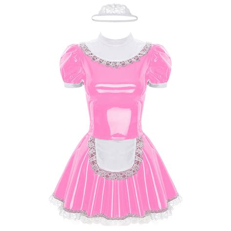 Womens Wet Look Leather French Maid Costume Outfits Mini Dress Apron