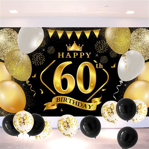 Buy Happy 60th Birthday Decoration Backdrop Banner Black Gold Extra