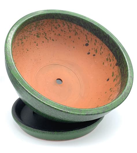 Glazed Ceramic Shallow Flower Pot With Saucer Round Terracotta Etsy Uk