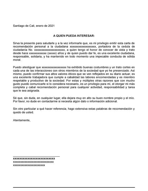 20 Carta De Recomendacion Personal Santiago De Cali Enero De 2021 A