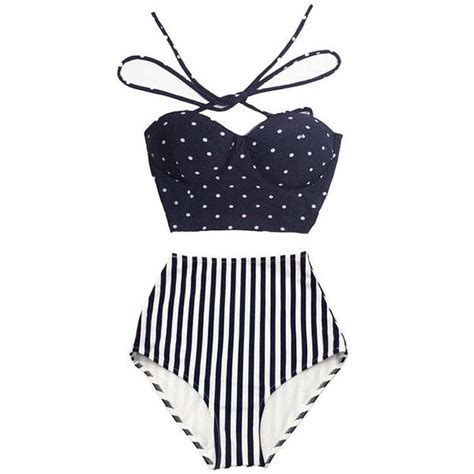 Navy Blue Polka Dot Midkini Top And Stripe Striped High Waisted Waist 40 Liked On Polyvore