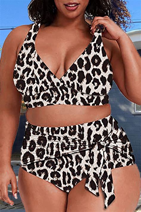 wholesale leopard print sexy solid bandage v neck plus size swimwear k21804 3 online