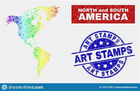 Spectral Assemble South And North America Map And Scratched Art Stamps