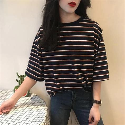 Striped T Shirt Loose Sweet Casual For Women Harajuku Summer Short Sleeve T Shirt Kawaii Funny T