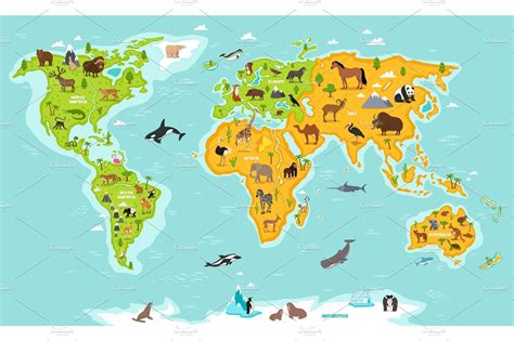World Map With Wildlife Animals And Plants Animal Illustrations